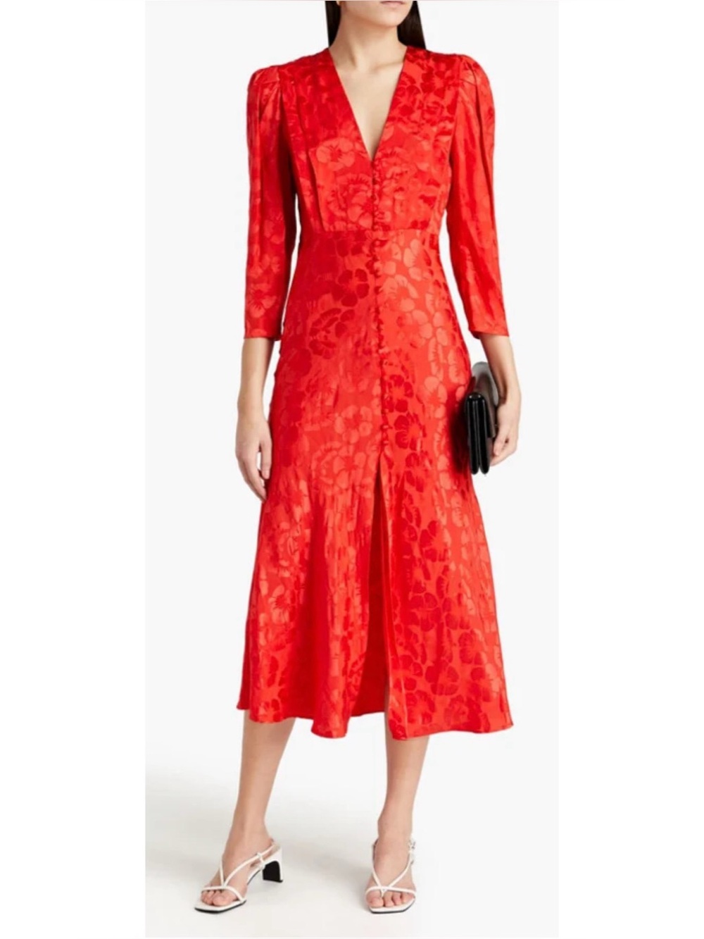 Sandro Red Floral-Jacquard V-Neck Midi Dress